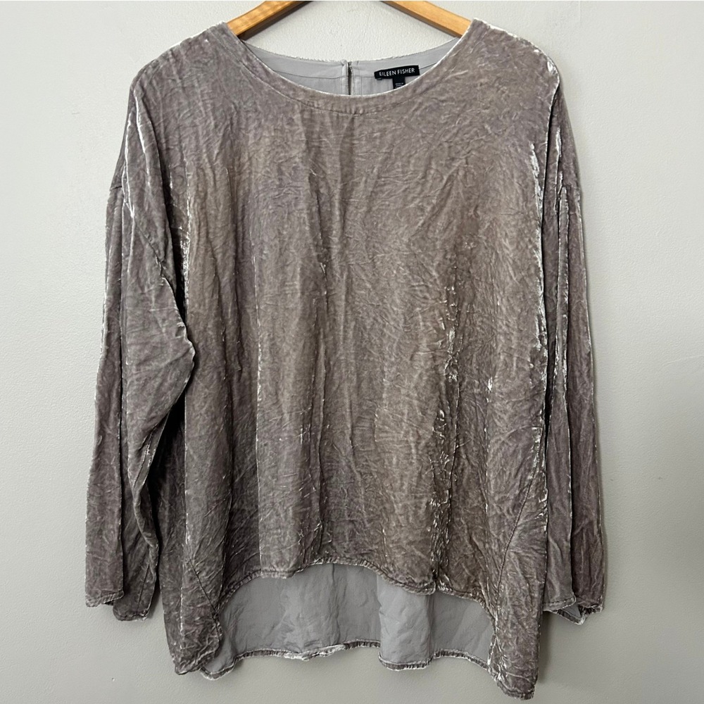 Eileen Fisher Velvet Top Womens XL Beige Gray Crushed Silk Blend High Low Tunic